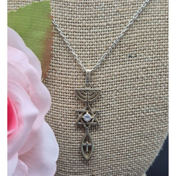 Religious Jewish Star of David Cross Menorah Pendant 925 Sterling Necklace 18" - Picture 3 of 9